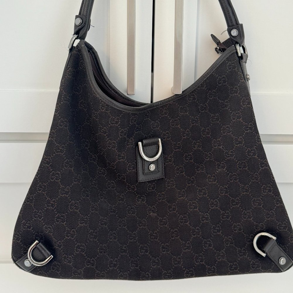 𝅺GUCCI Jackie GG monogram D-Ring hobo medium dark brown